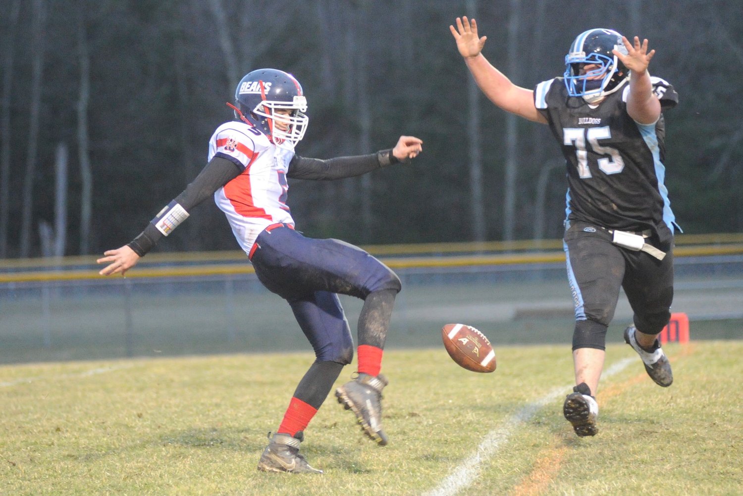 A close call. Sullivan West’s Chris Campenelli nearly blocked a punt by Bears Thomas Lynch.